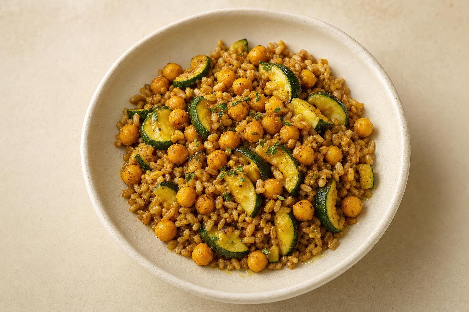 Farro con ceci, zucchine e curcuma