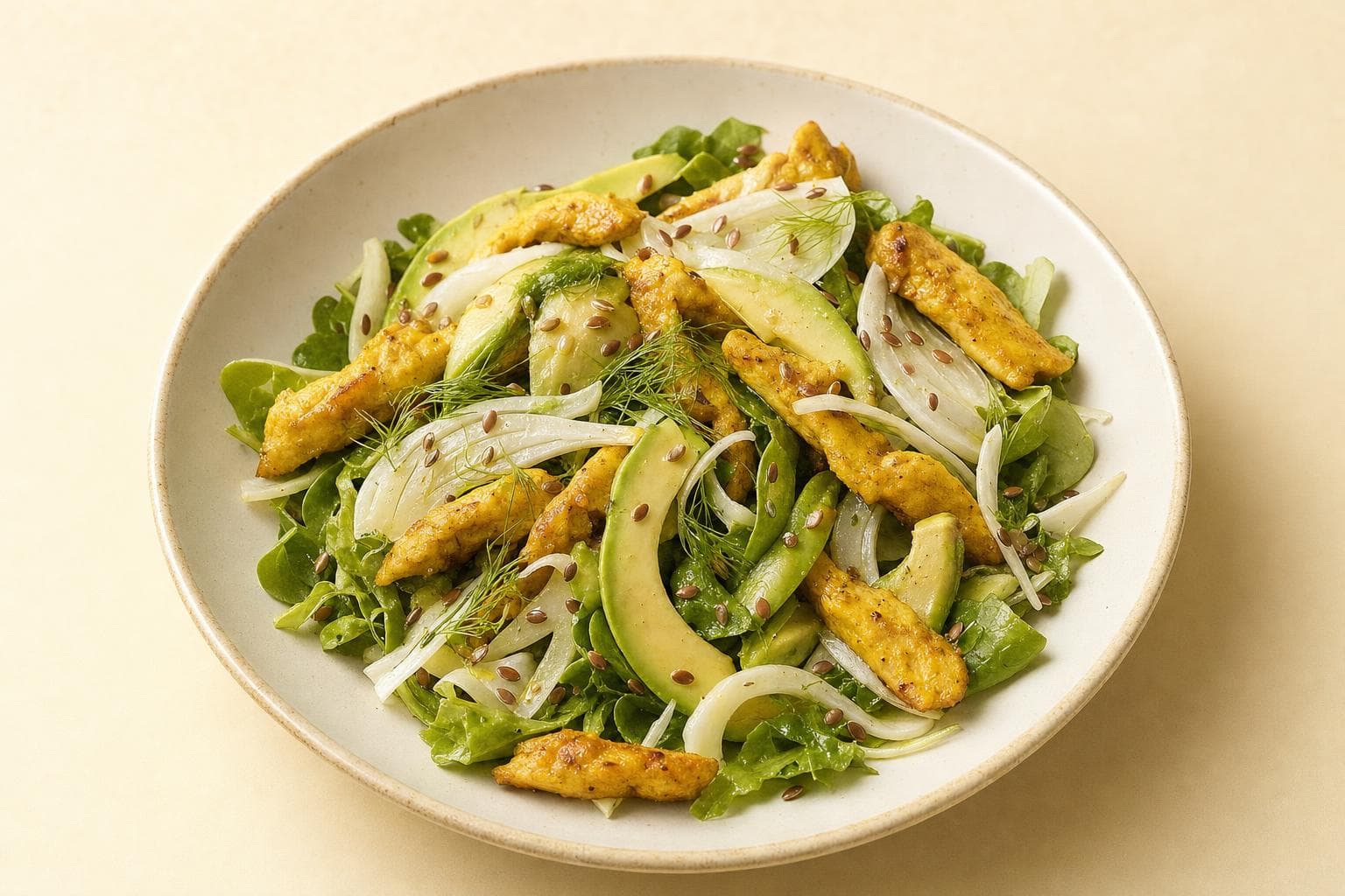Insalata di pollo alla curcuma con avocado