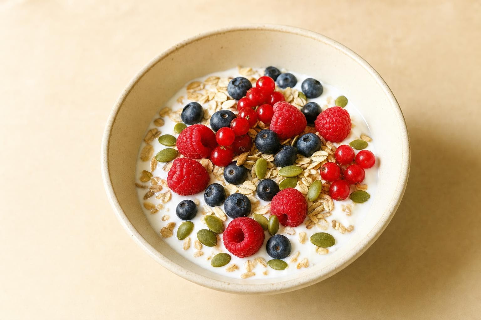 Kefir con avena, semi di zucca e frutti rossi