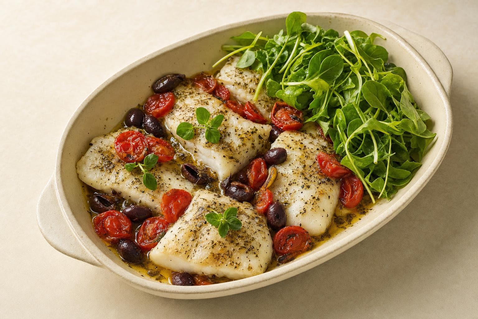 Merluzzo al forno con pomodorini e olive