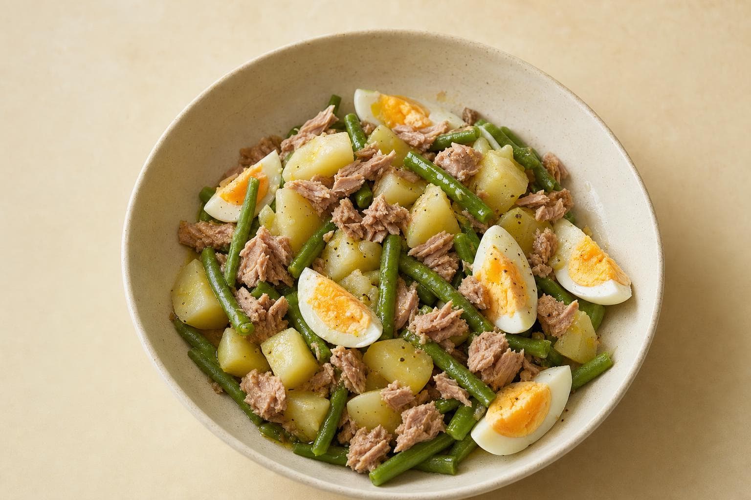 Patate fredde, tonno, fagiolini e uova