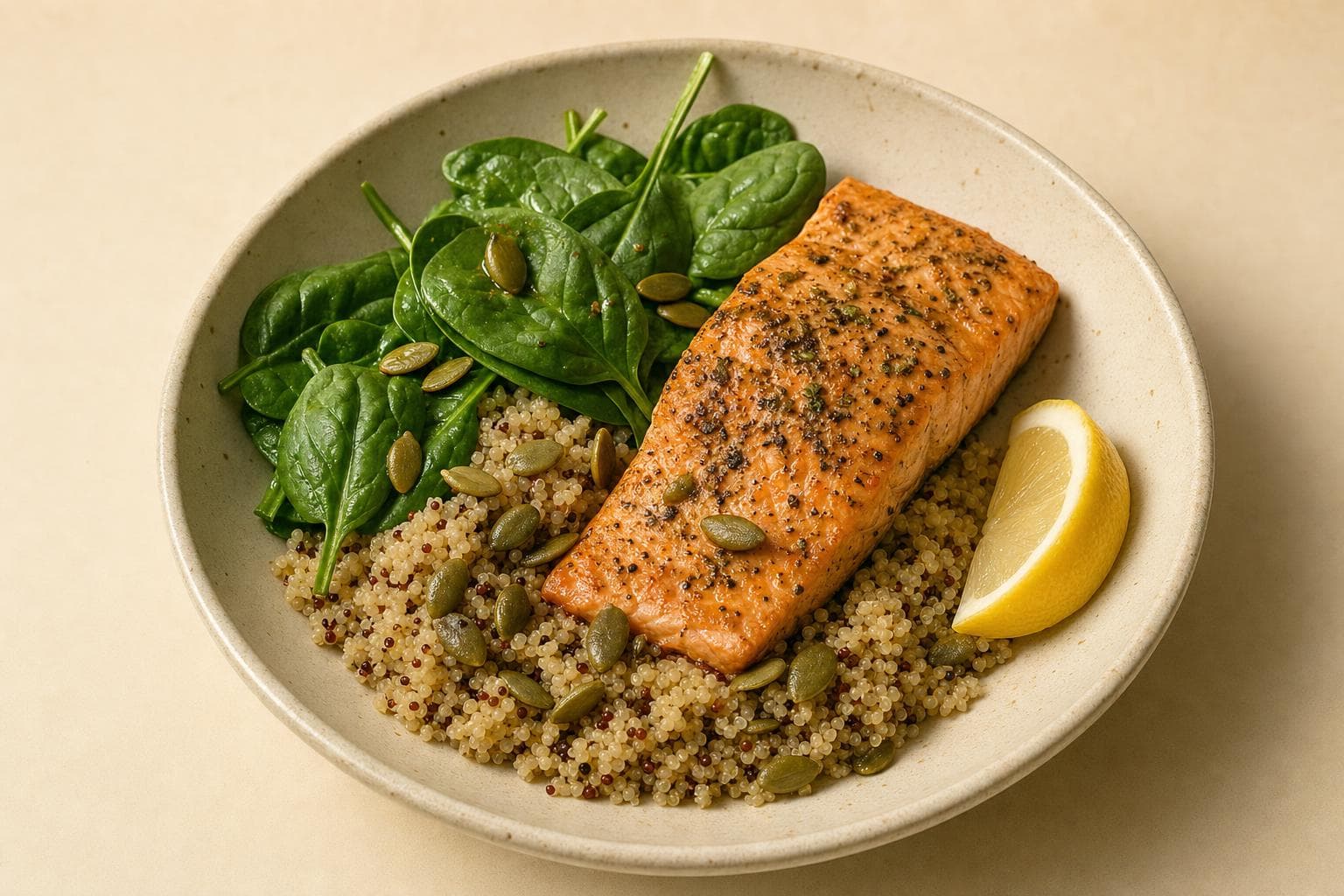 Quinoa con salmone e semi di zucca