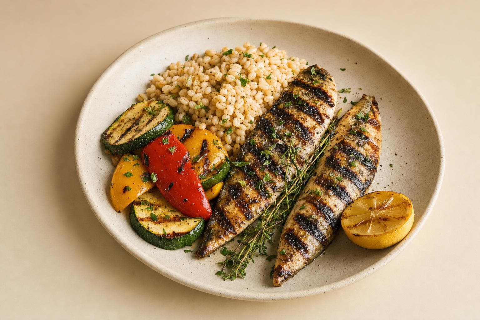 Sgombro alla griglia con orzo e verdure